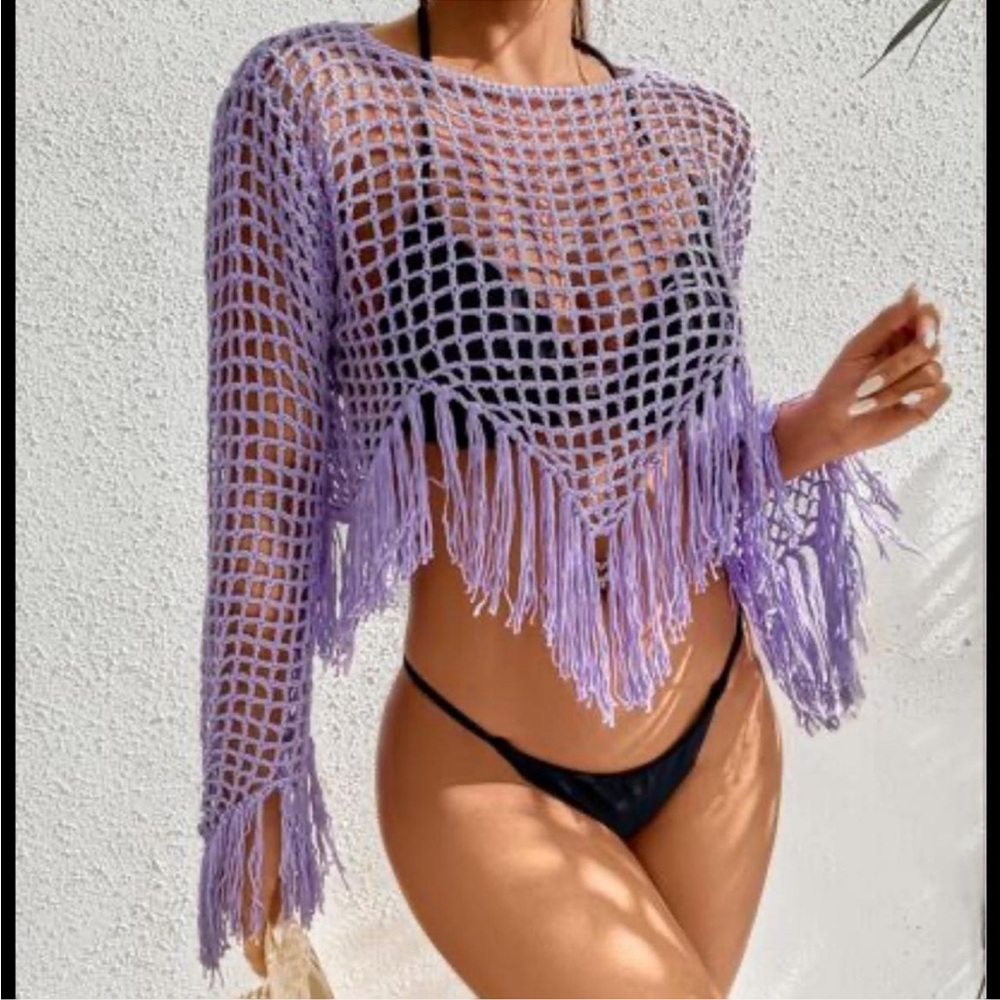 Lavender Crochet Fringe Swim Cover-Up